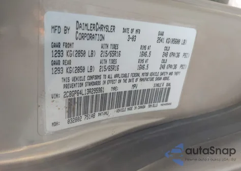 2003 Chrysler Town & Country Limited from USA, damaged, VIN 2C8GP64L13R295961